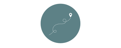 Circular icon with a dotted line and a pin symbol on a teal background