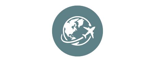 ICON with a globe and airplane on a teal circle
