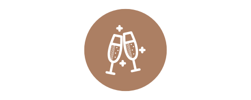 Icon of two champagne glasses with bubbles on a brown circle background