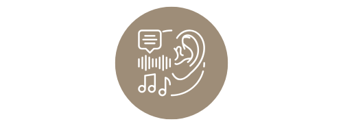 icon with ear and music notes on a beige circle, on a white background